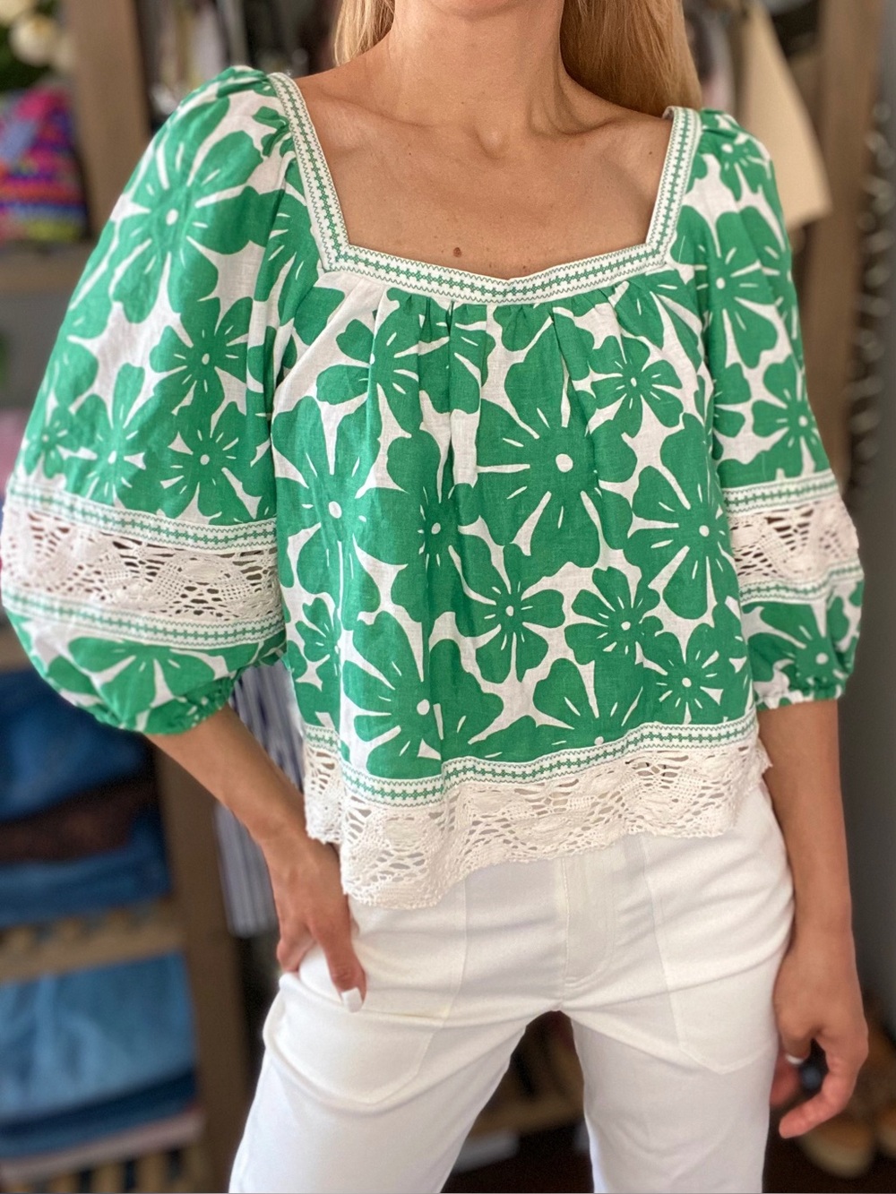 RACHEL ZOE Green Floral Crochet Baloom Sleeve Waist Length Top! 🍃